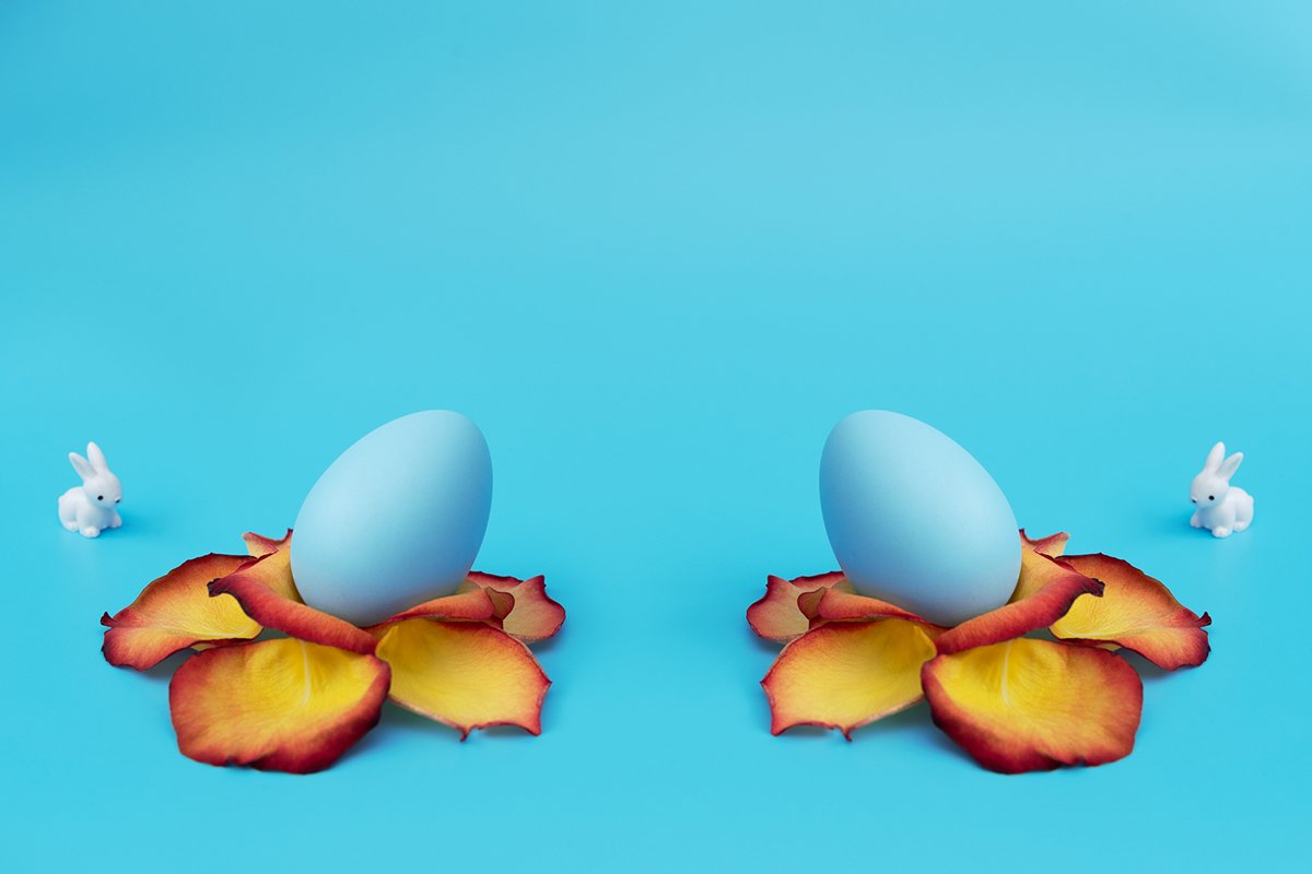 Blue Easter egg stands in yellow flower made of rose petals example image 1