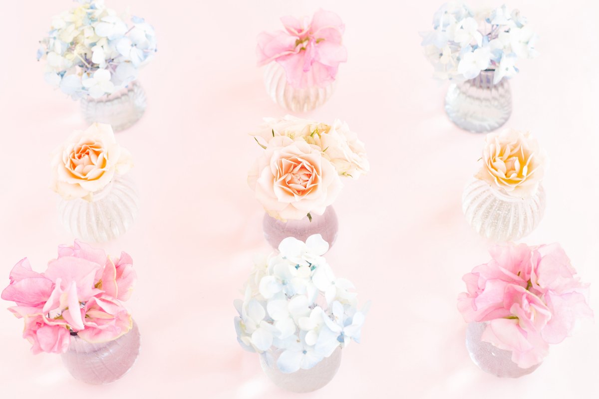 Blue hydrangea,pink sweet pea Lathyrus,roses in crystal vase example image 1