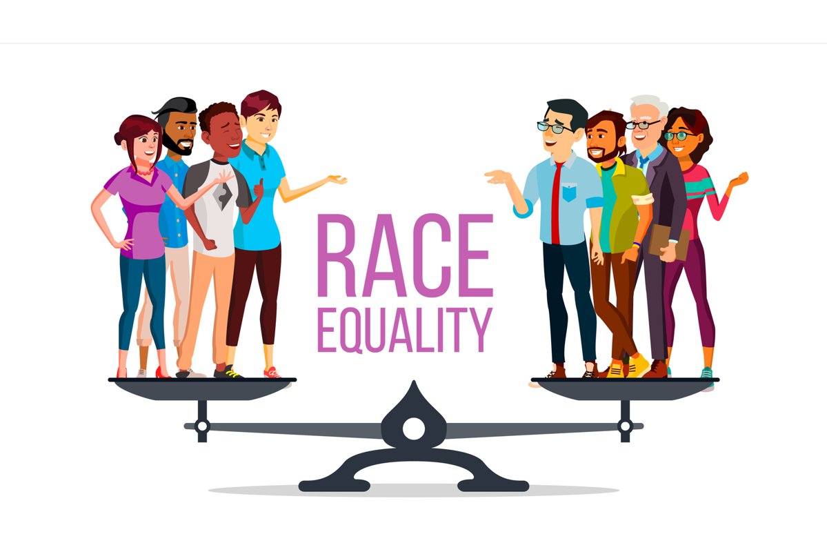 Race Equality Vector. Standing On Scales. Equal Opportunity. example image 1
