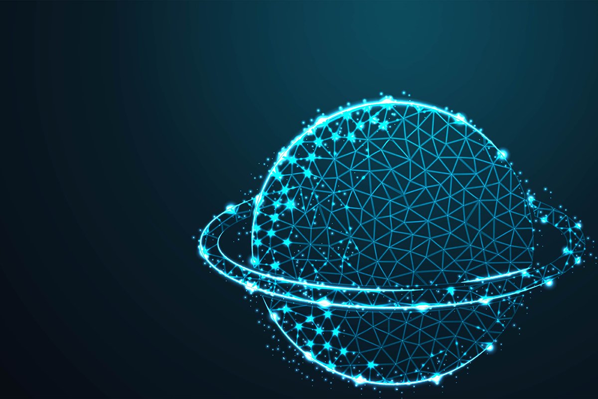 planet with ring, wireframe line concept with crumbled edge example image 1