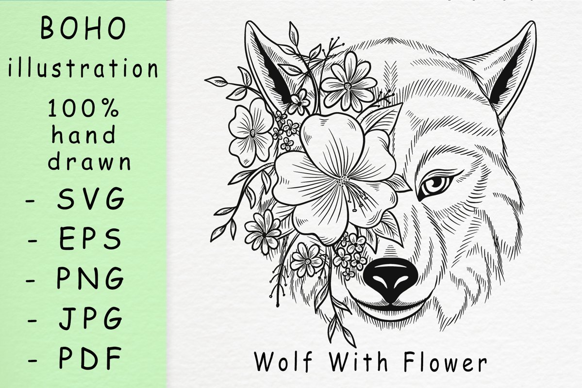 Boho illustration /Wolf With Flowers example image 1