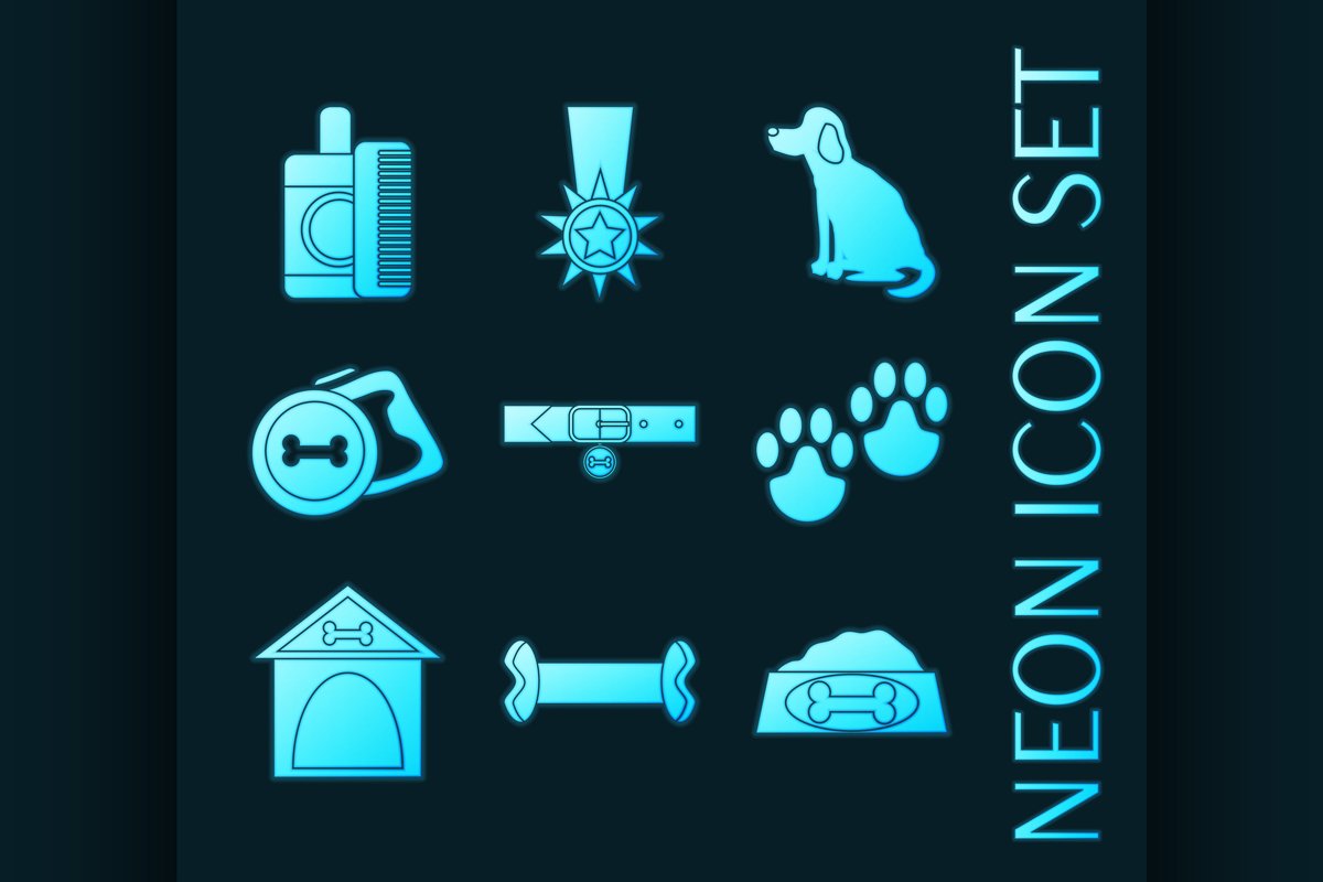 Set of Dog blue glowing neon icons example image 1