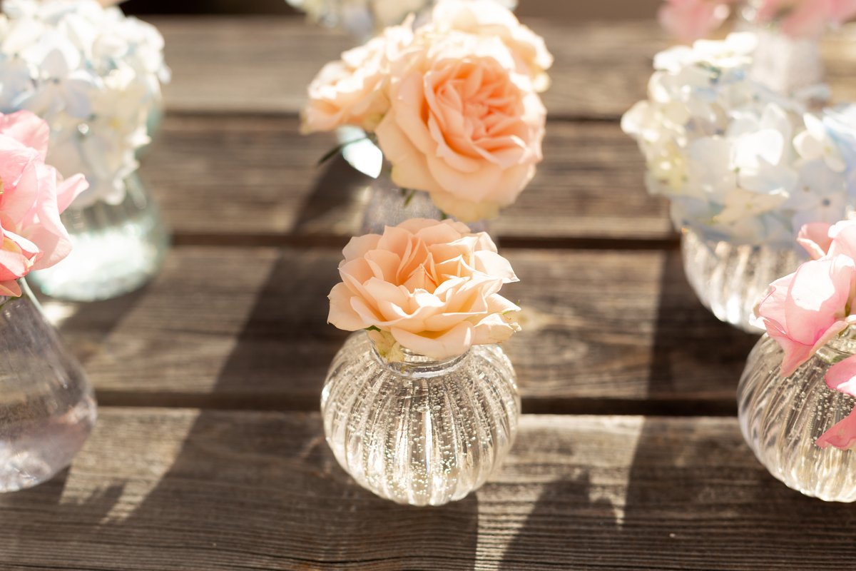 Blue hydrangea,pink sweet pea Lathyrus,roses in crystal vase example image 1