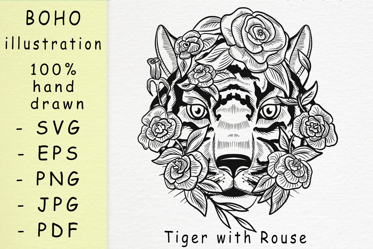 Boho illustration /Tiger With Rouse example image 1