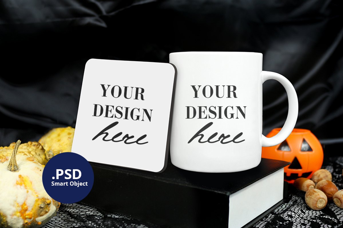 Mug & Coaster Mockup Halloween, Fall Square coaster mockup example image 1