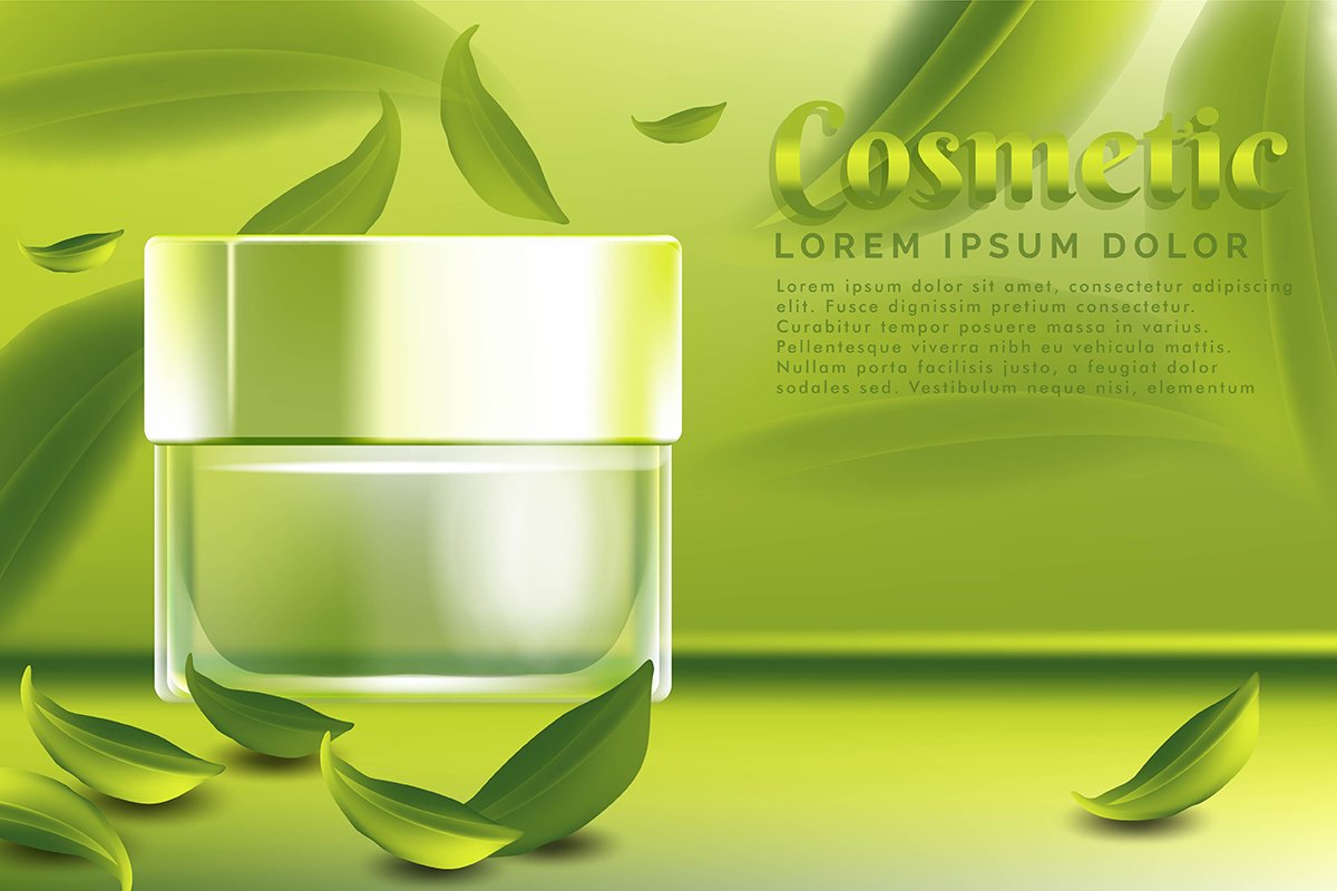 cream jar cosmetic products ad, with green tea leaves backgr example image 1
