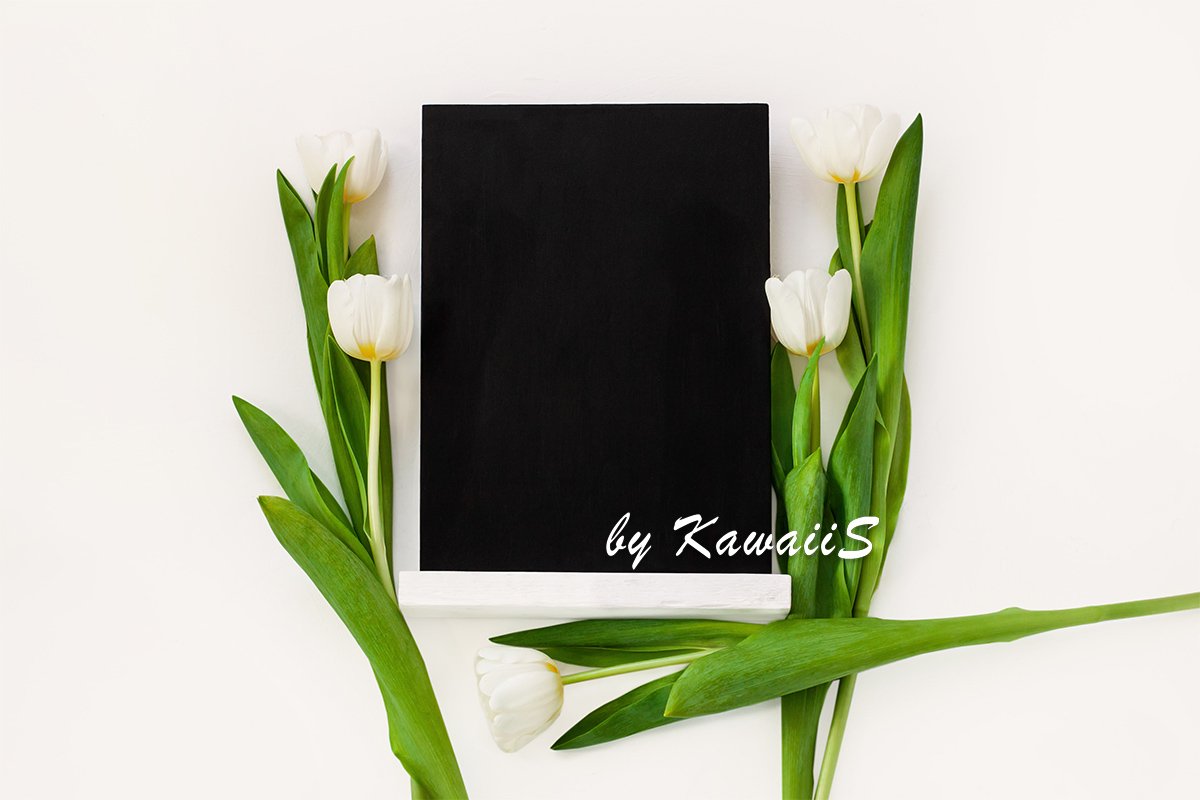 Black chalk board mockup with white tulip flowers template example image 1