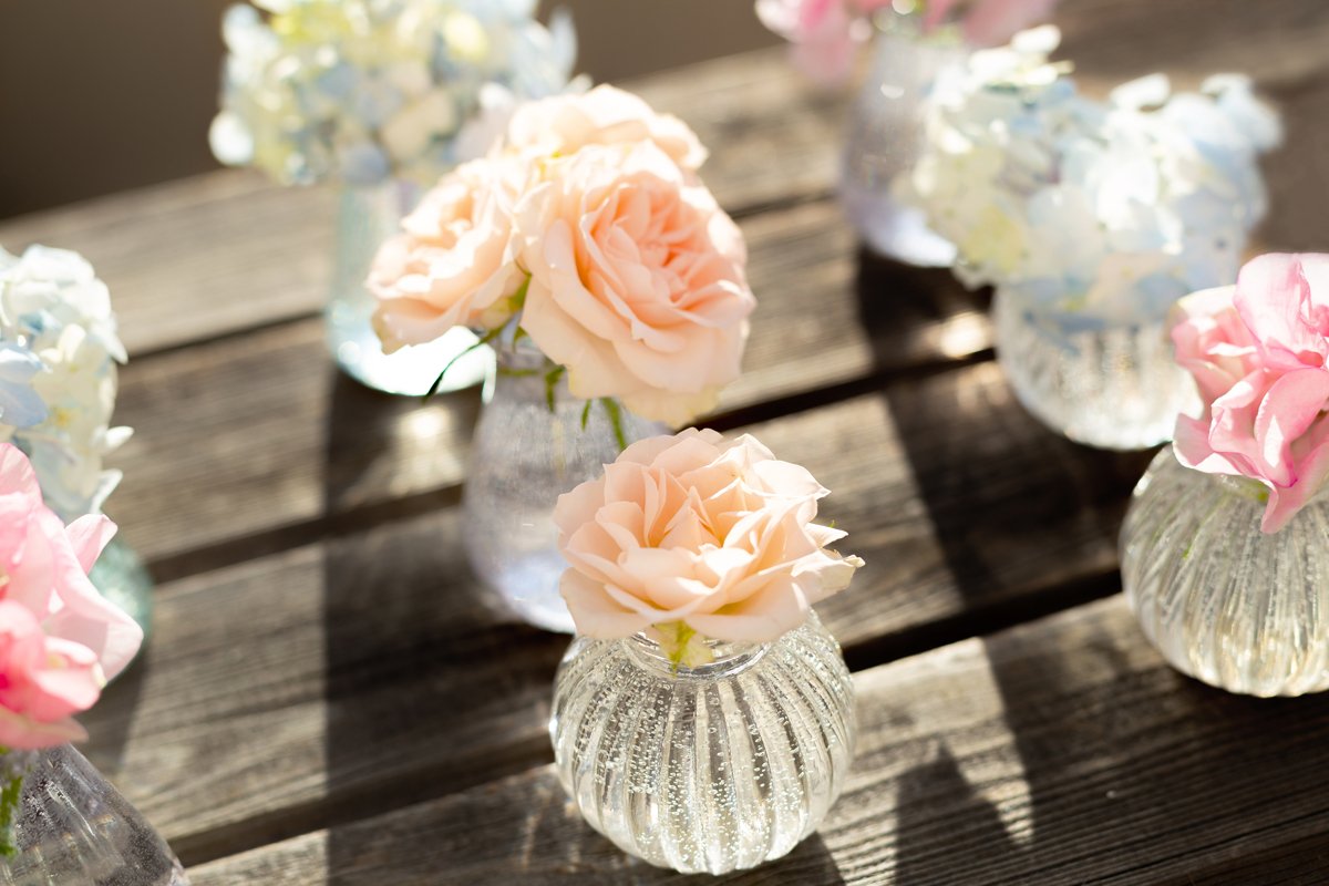 Blue hydrangea,pink sweet pea Lathyrus,roses in crystal vase example image 1