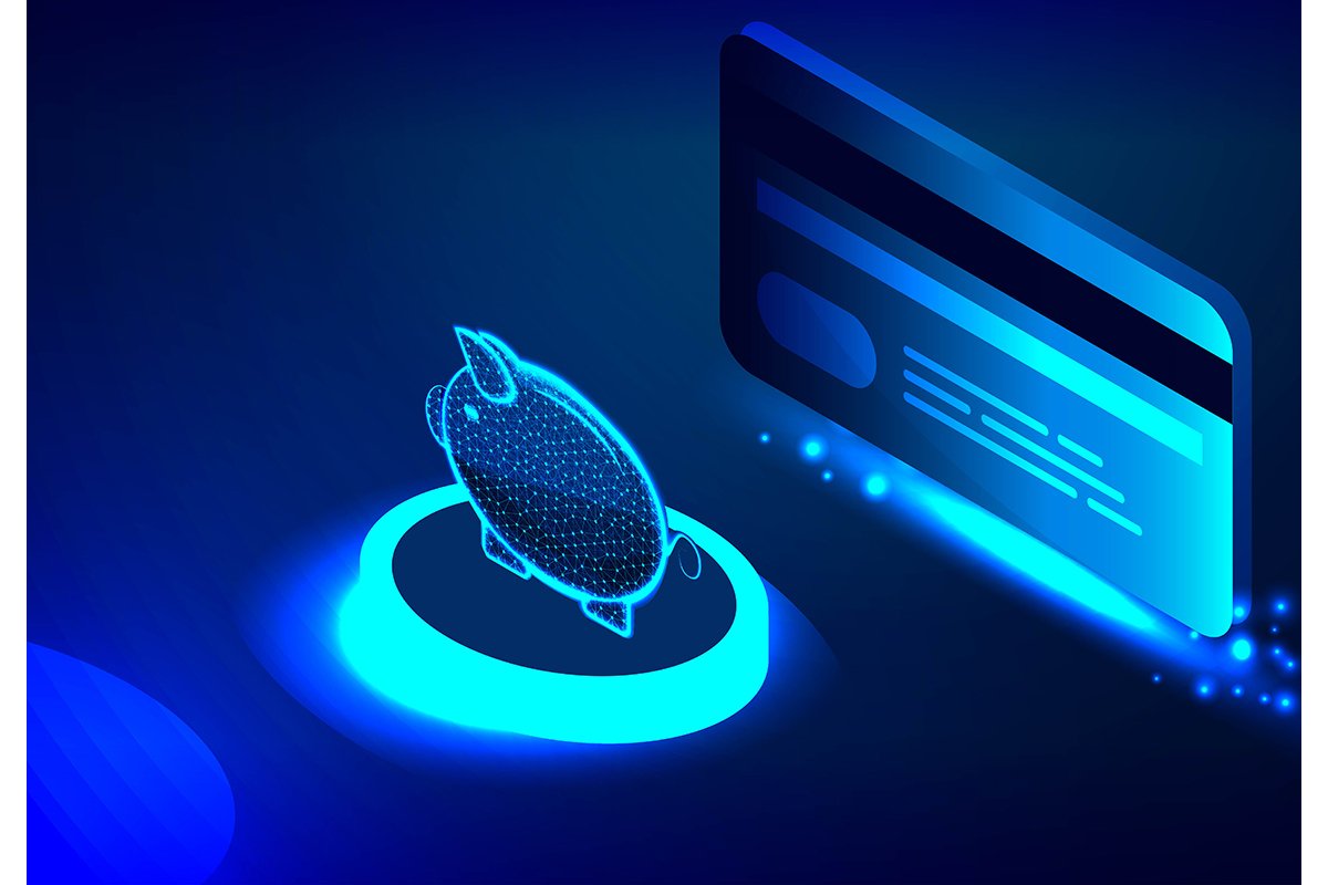 Isometric bank card and pig bank. Money payment symbol. Vect example image 1