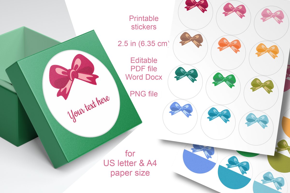 Assorted Colors Bow Round Labels 2.5 in A4 US Editable Text example image 1