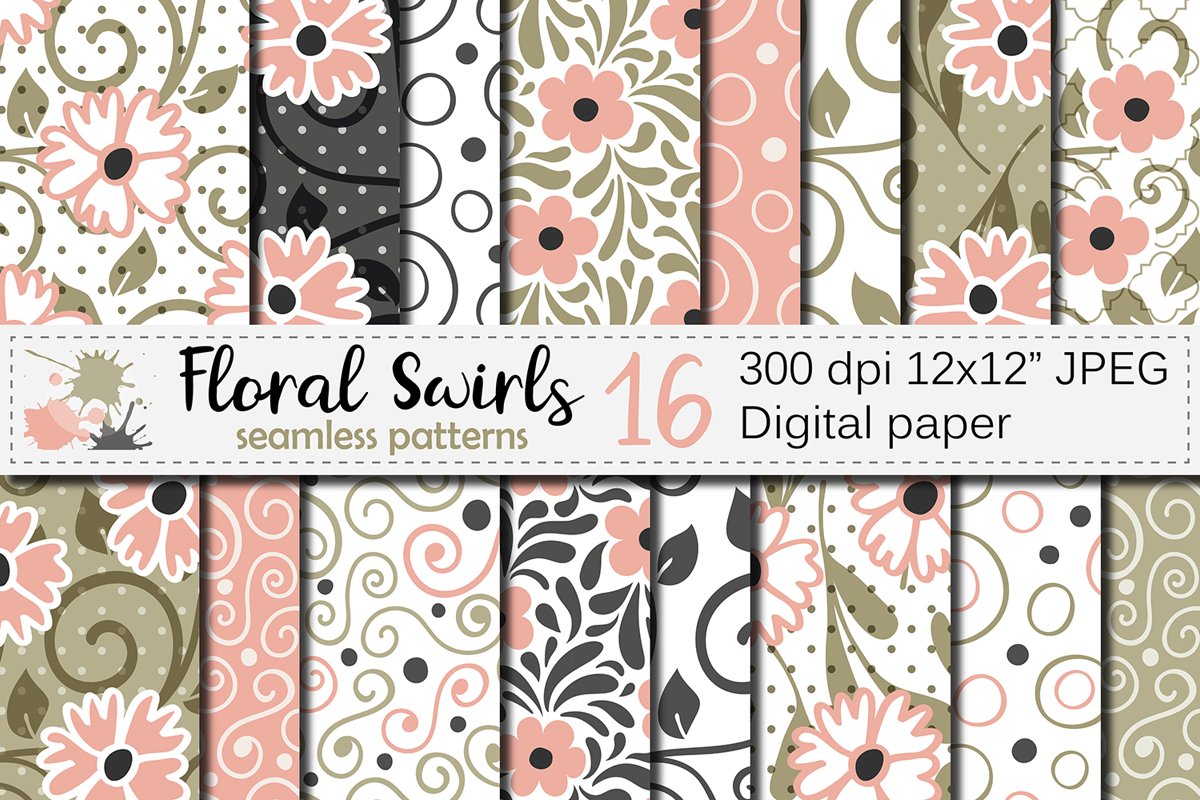 Floral swirls blush peach and green seamless digital paper example image 1