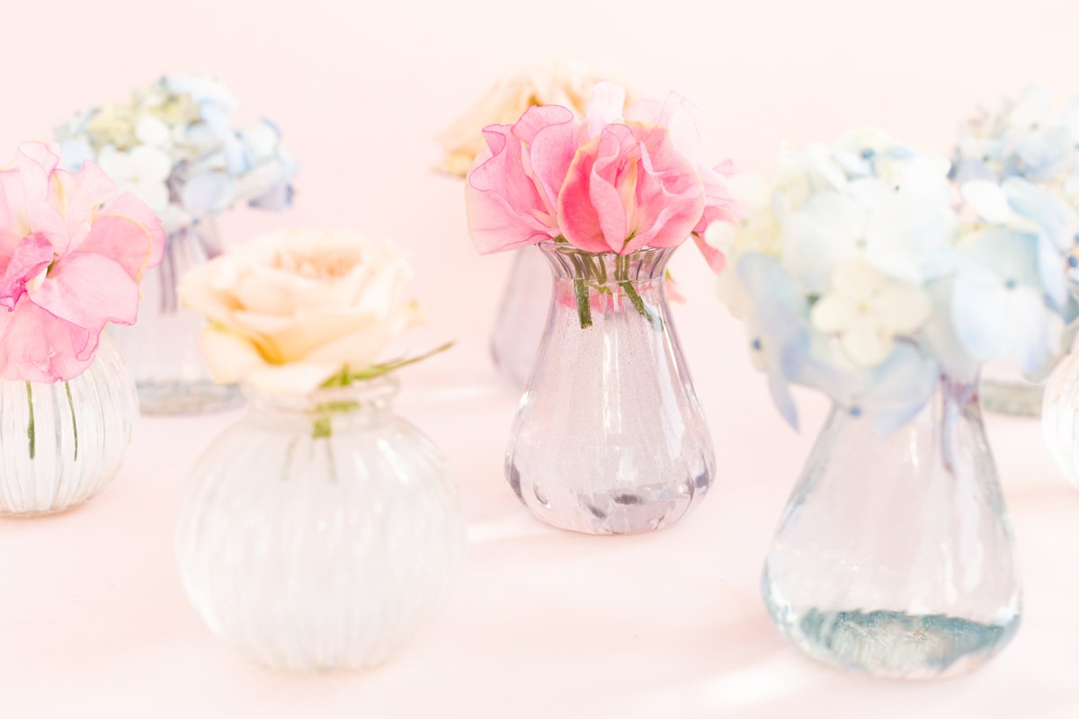 Blue hydrangea,pink sweet pea Lathyrus,roses in crystal vase example image 1