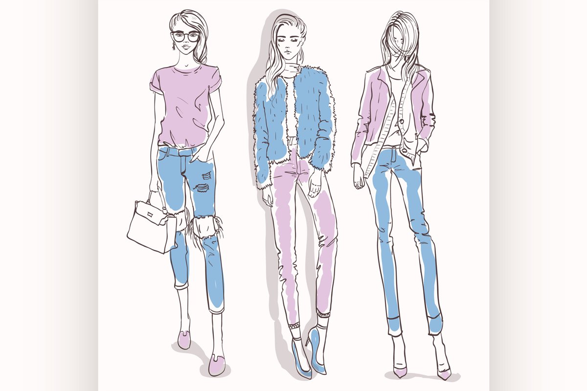 Set with color scetch of trendy girls example image 1