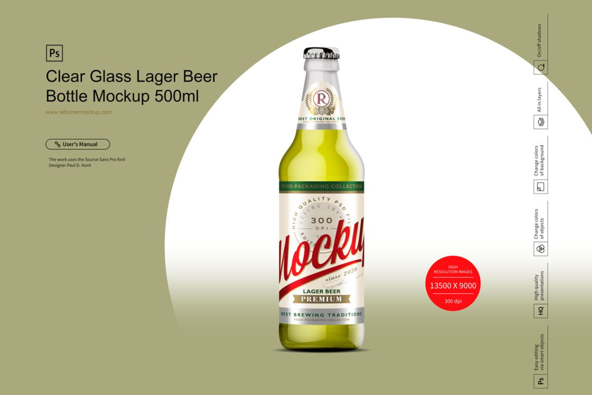 Clear Glass Lager Beer Bottle Mockup 500ml example image 1
