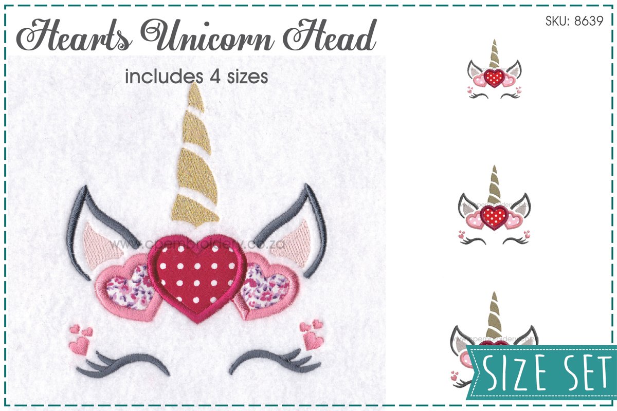 Hearts Unicorn Head Applique Embroidery Design example image 1