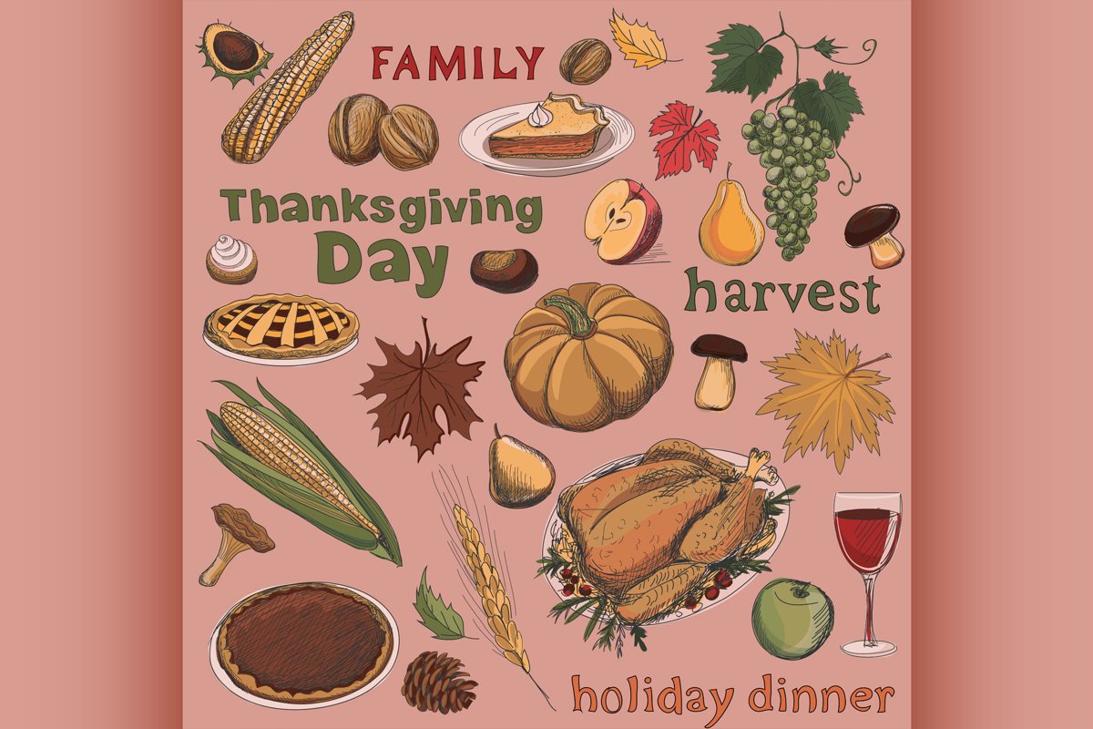 Colorful hand drawn set of objects and symbols on the Thanks example image 1