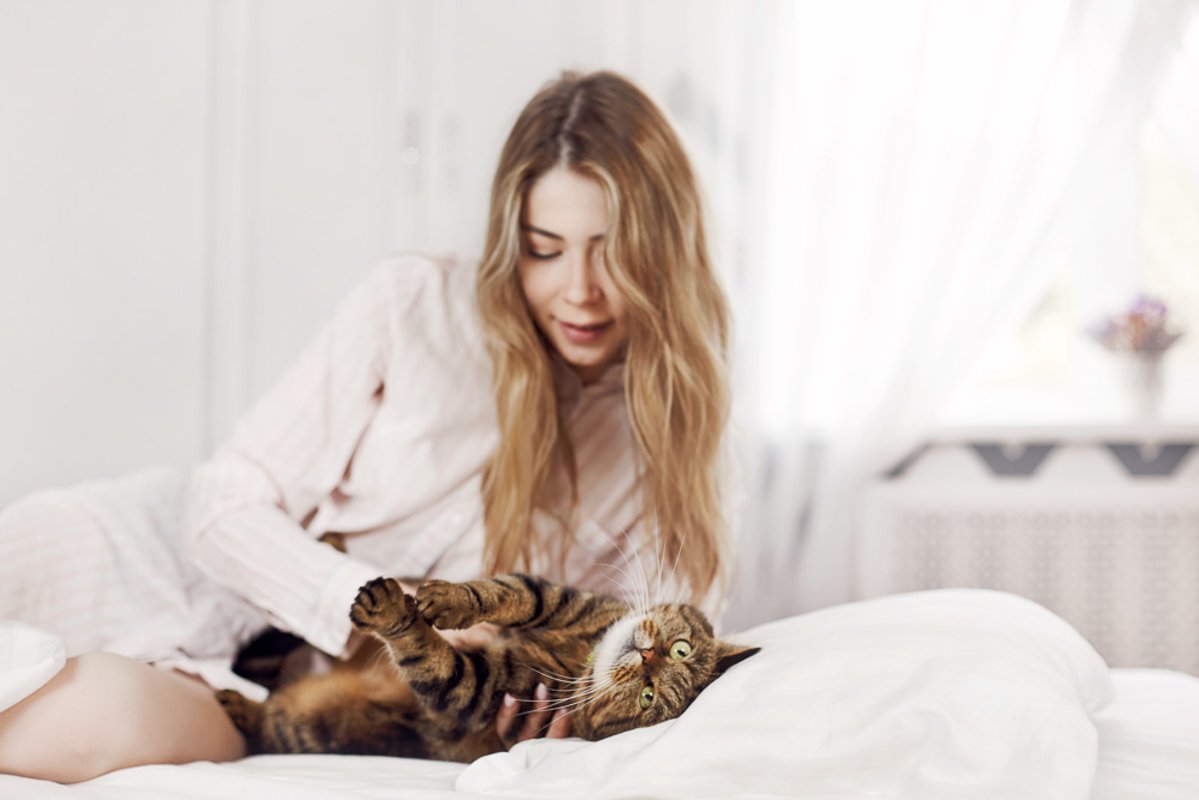 Cute young girl is lying with her cat on the bed at home. example image 1