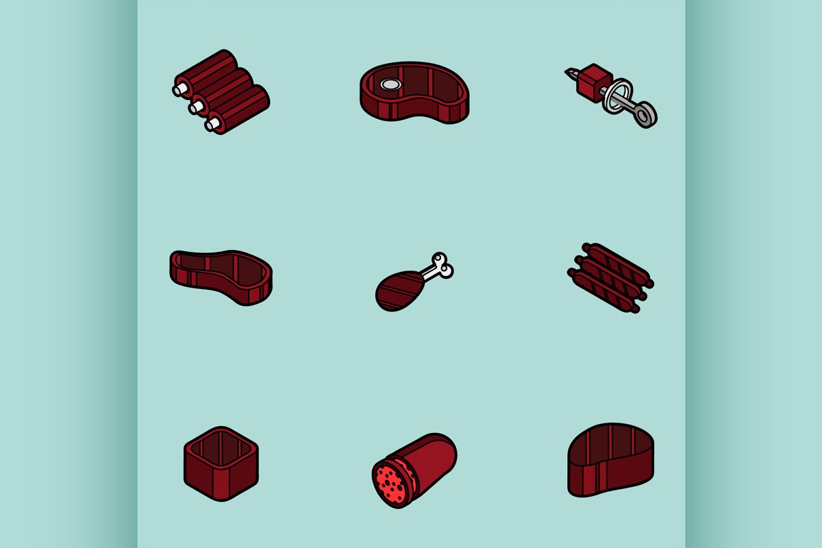 Meat color outline isometric icons example image 1