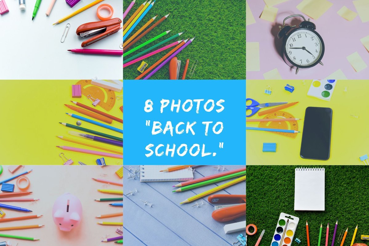 8 photos "Back to school." Copy space, mock up example image 1
