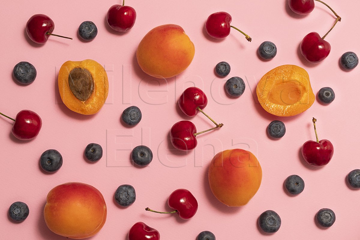 Fresh summer fruits and berries background, flat lay example image 1