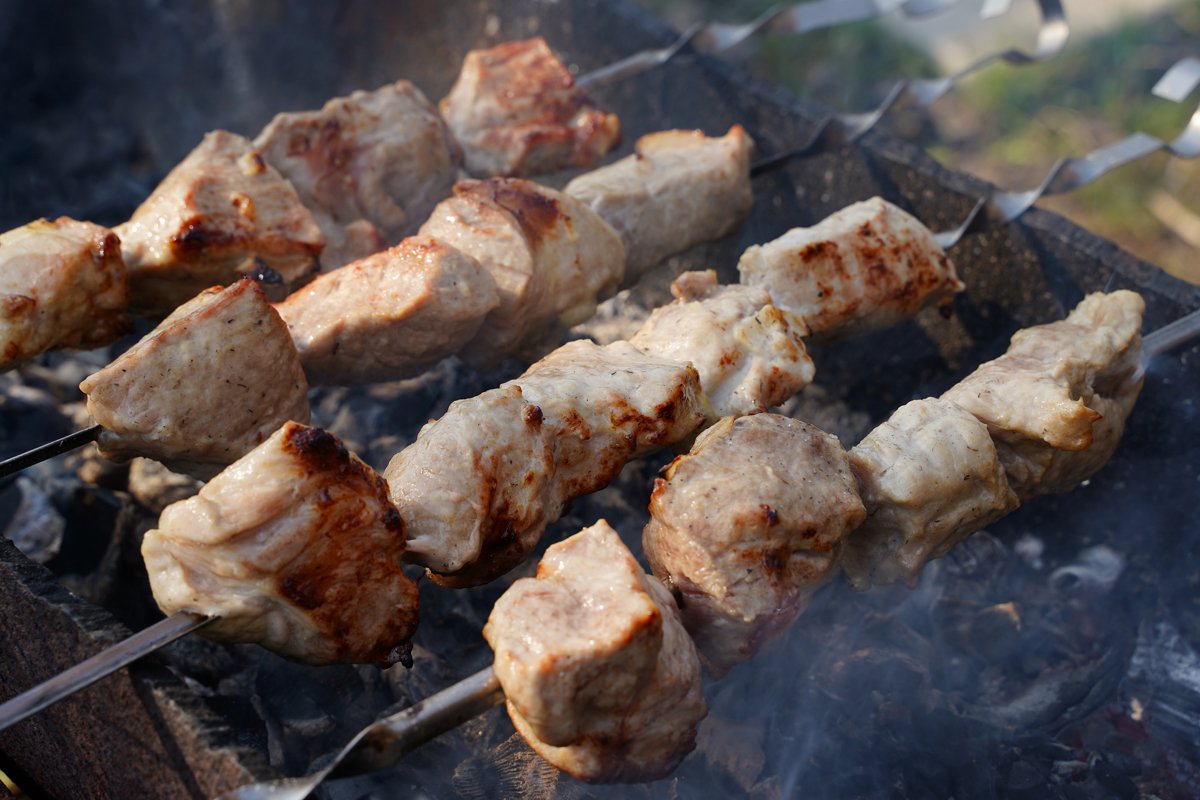 BBQ pork, beef meat, fried in barbecue. Grill on skewers example image 1
