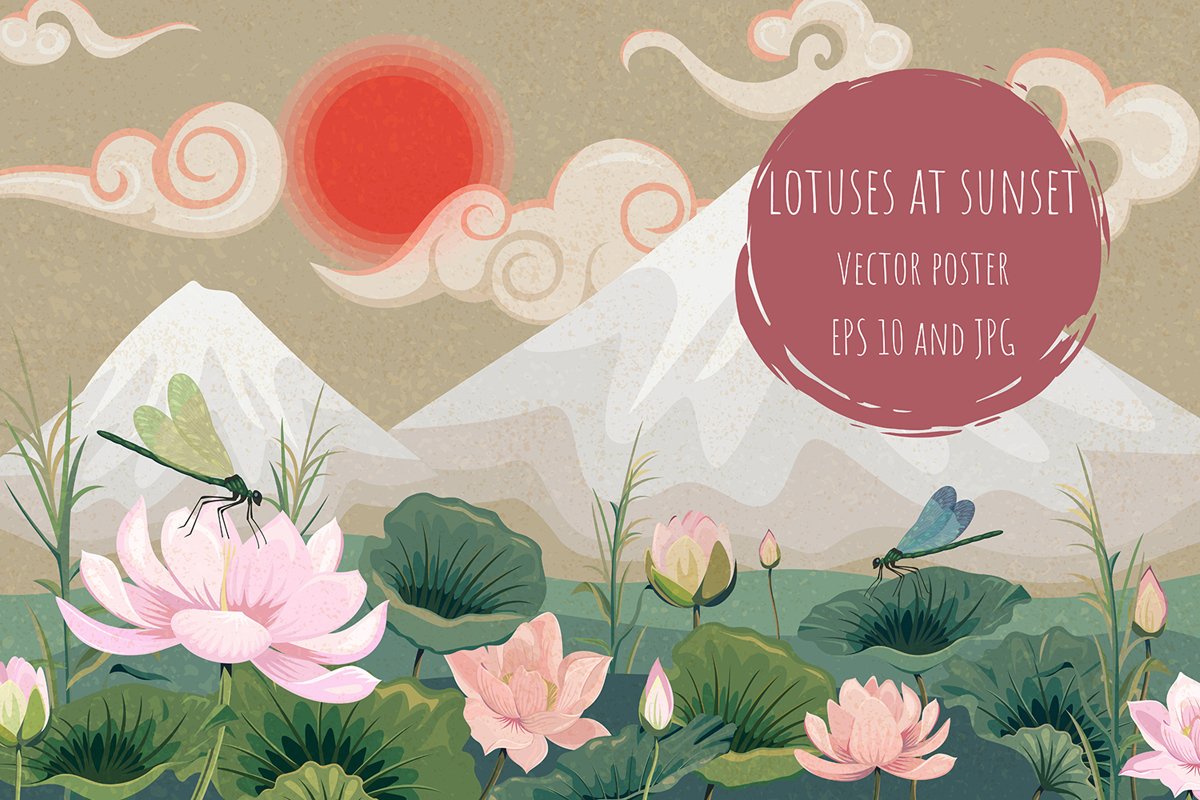 Lotuses at sunset. Vector poster example image 1