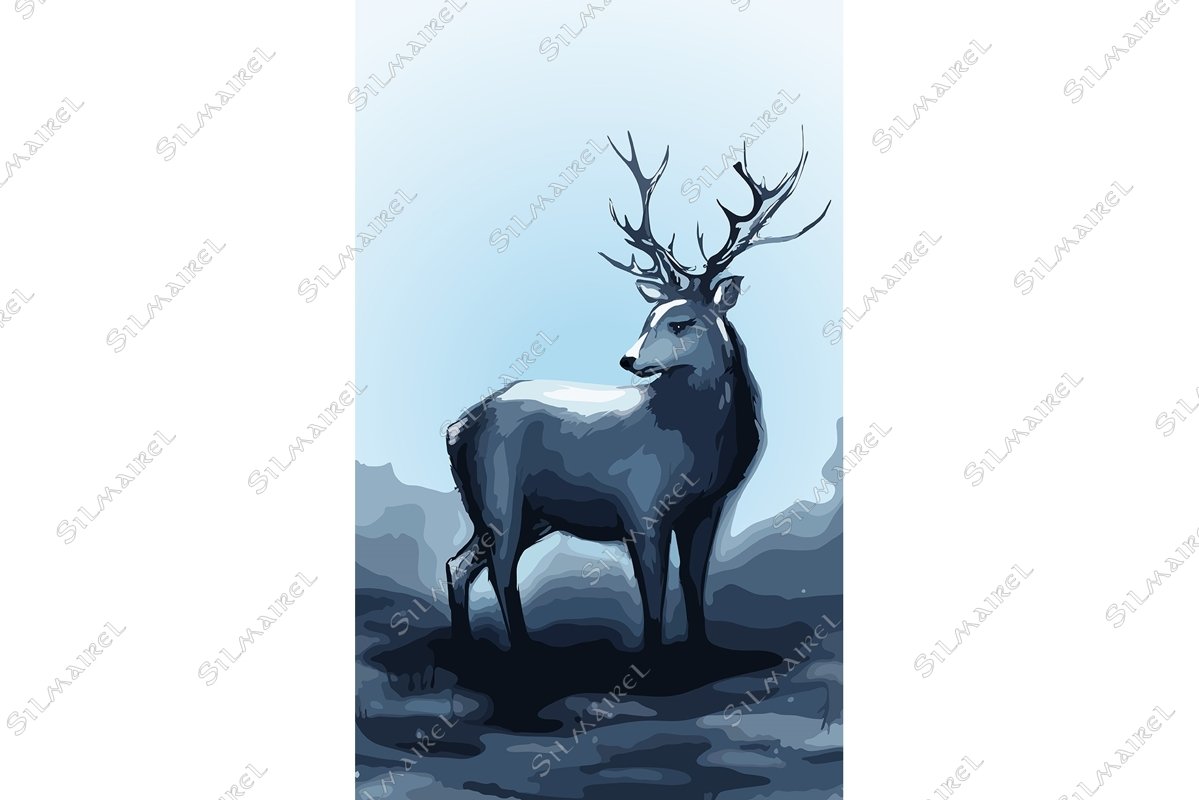 Winter snow forest navy deer with big horns vector art example image 1
