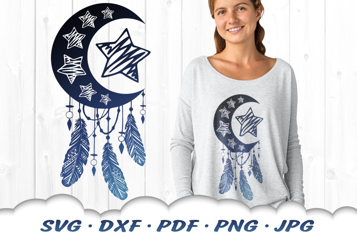 Doodle Stars & Moon Celestial Dreamcatcher SVG DXF Cut Files example image 1