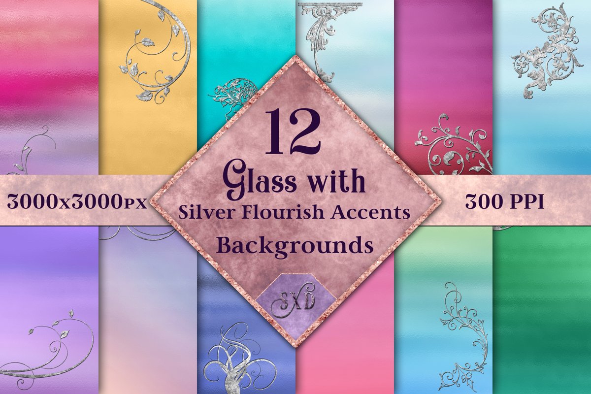 Glass with Silver Flourish Accents Backgrounds - 12 Images example image 1