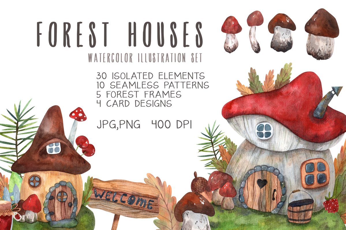 Forest houses watercolor set example image 1