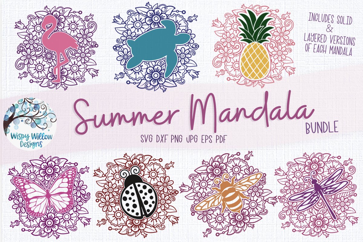 Summer Mandala SVG Bundle| Butterfly, Turtle, Bee, Flamingo example image 1