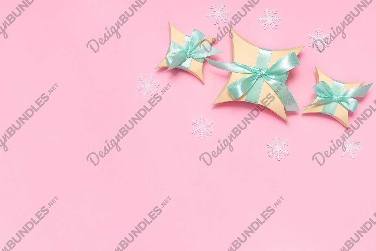 Yellow gift boxes with light green ribbon flat lay example image 1