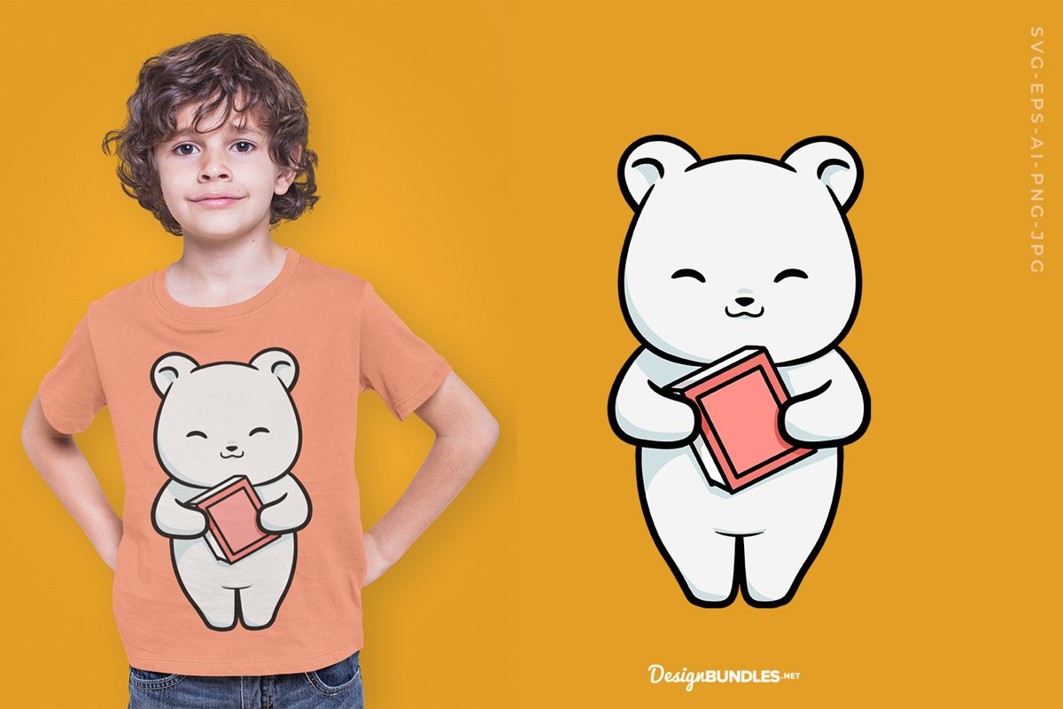 Cute bear holding a book T-Shirt Design example image 1