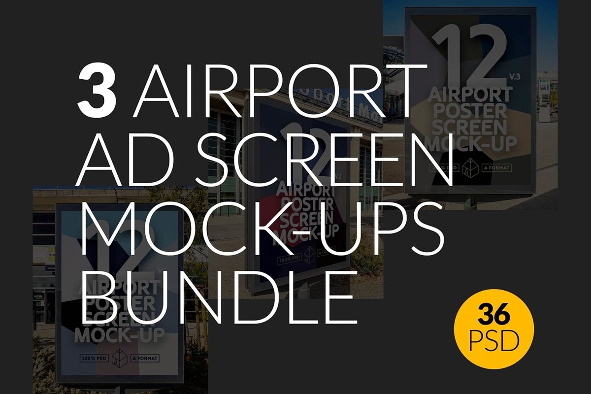 3 Airport Ad Screen Mock-Ups Bundle 2 / 36 PSD example image 1