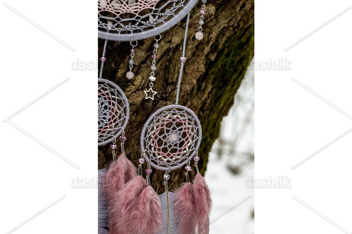 Dream catcher with feathers threads and beads rope hanging example image 1