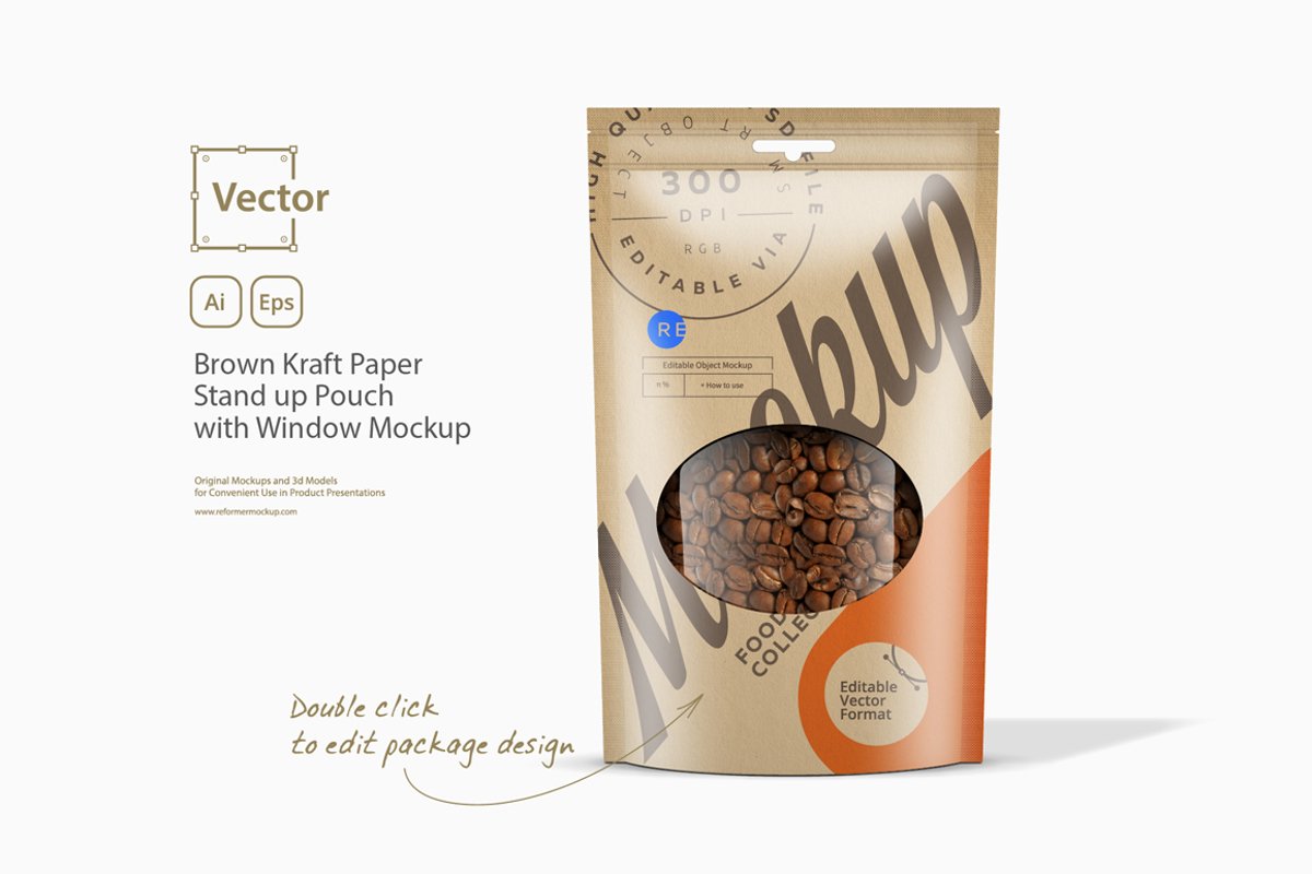 Brown Kraft Paper Stand up Pouch with Window Mockup example image 1
