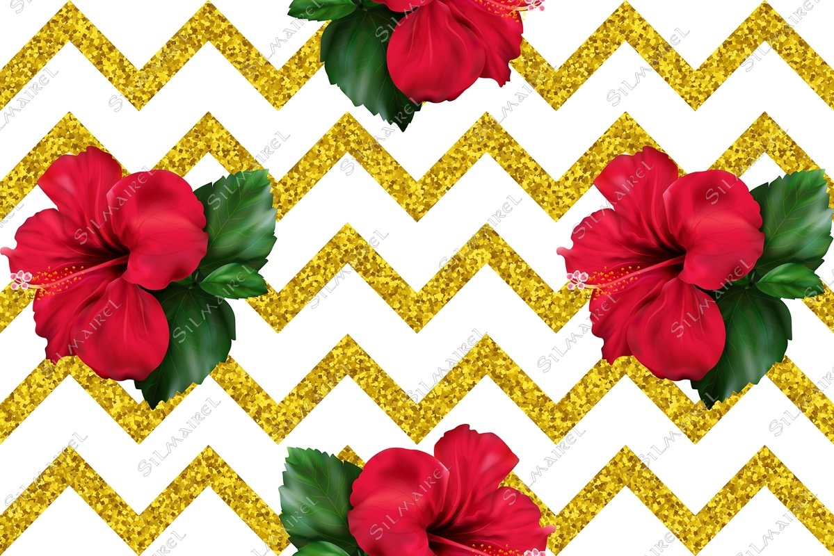 Hibiscus karkade flower glitter geometric seamless pattern example image 1