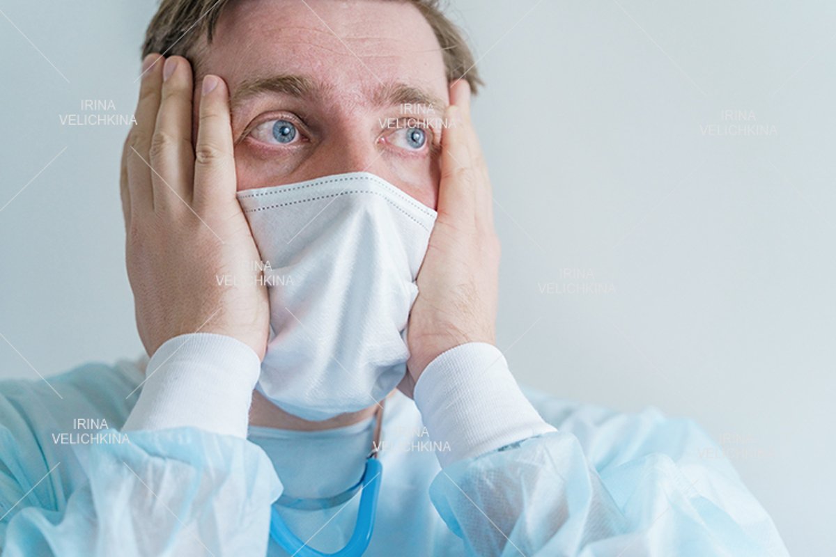 Doctor, patient in medical disposable hat, robe. Face mask example image 1