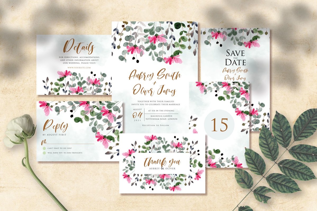 Flower and Leaves Watercolor Wedding Invitation Suite example image 1