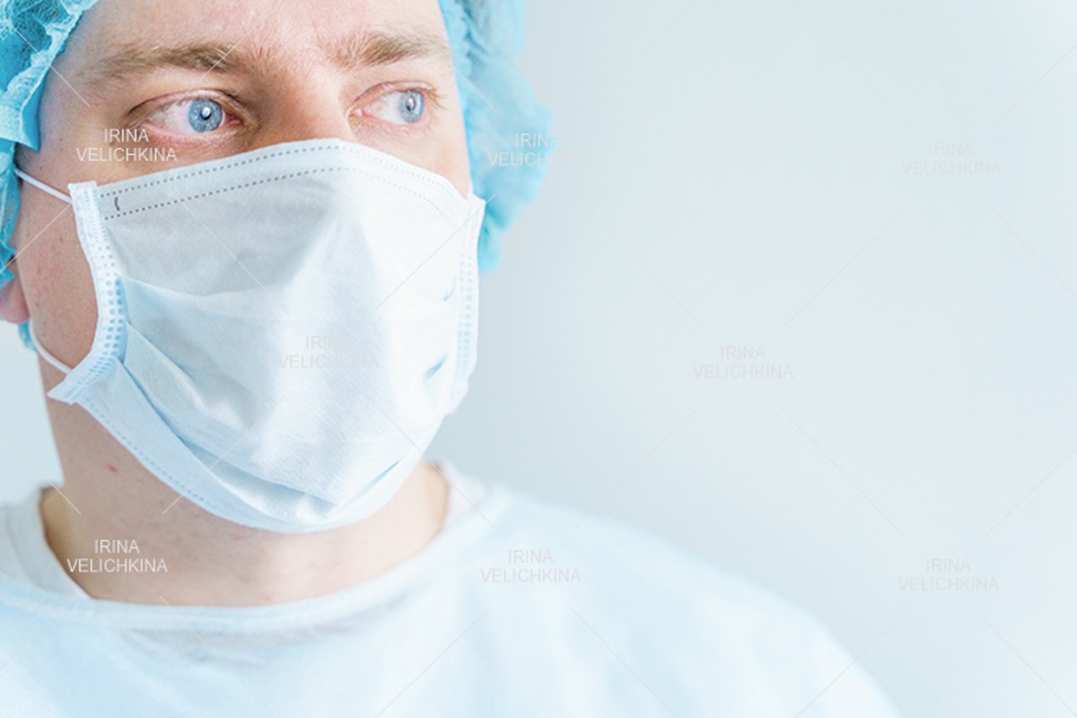 Doctor, patient in medical disposable hat, robe. Face mask example image 1