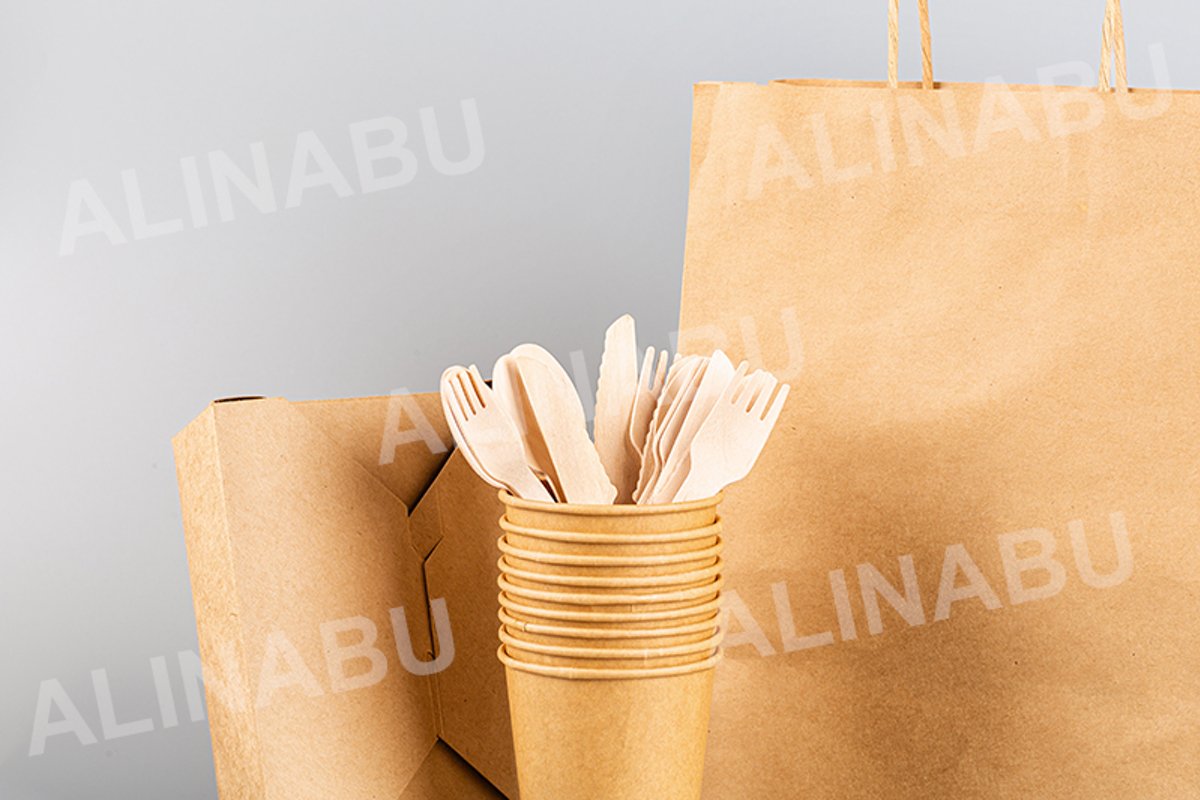 eco natural paper cups, bamboo cutlery and craft bag example image 1