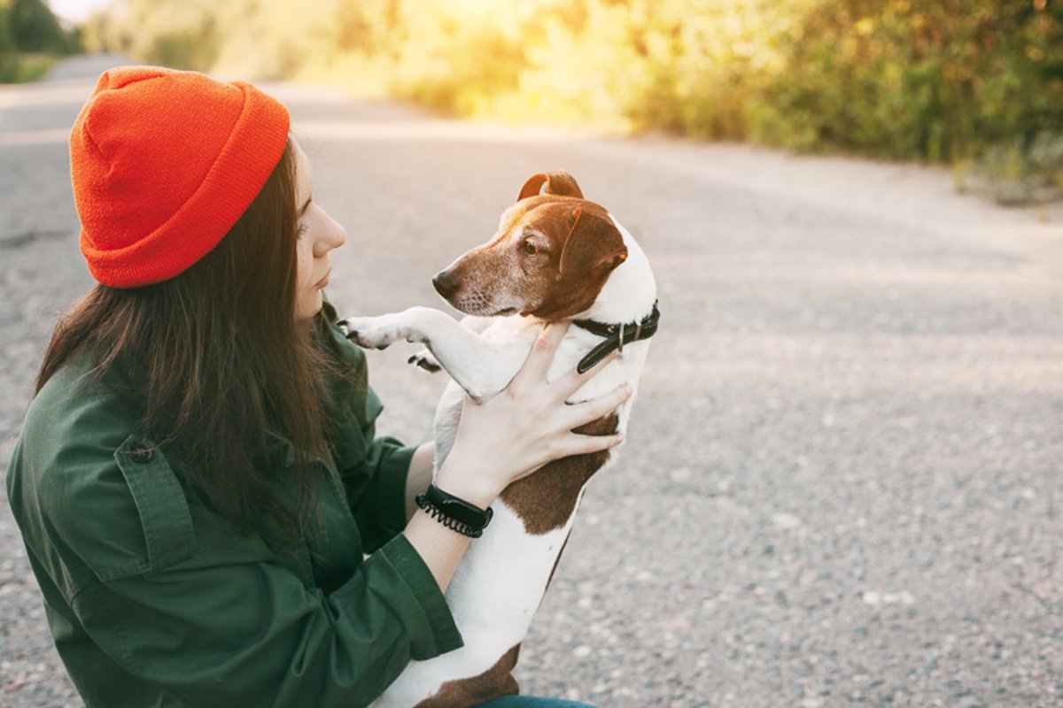 A pretty brunette holds her dog in her arms and smiles. example image 1