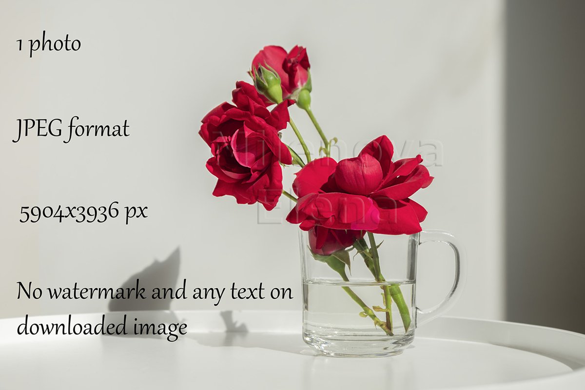 Home decor, interior. Beautiful red roses in a glass cup example image 1