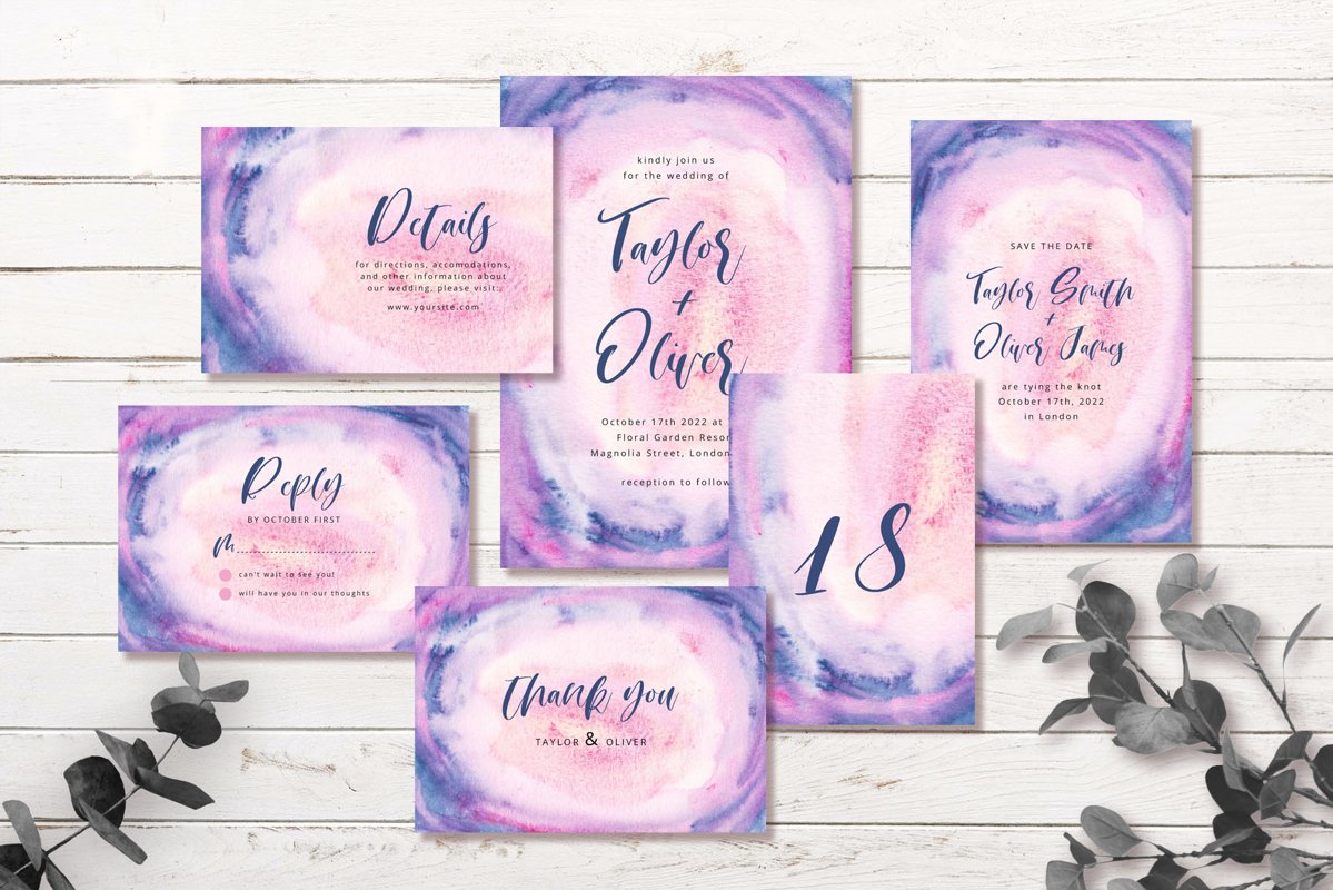Blue Pink Abstract Background Wedding Invitation Set example image 1