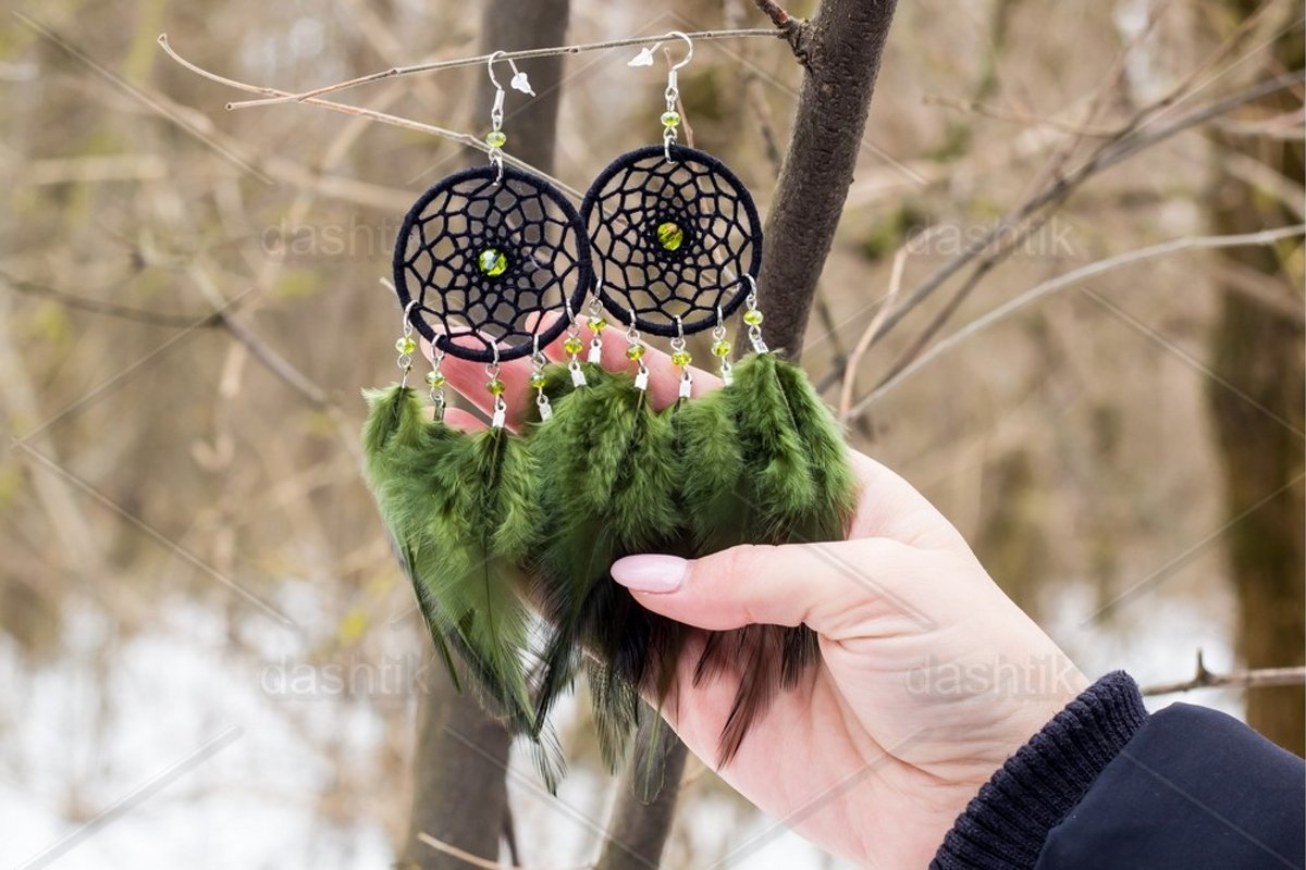 earrings of Dream catcher with feathers threads and beads example image 1