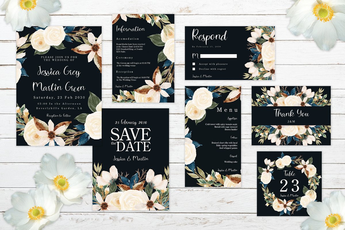 Romantic Navy And White Floral Wedding Invitation Set example image 1