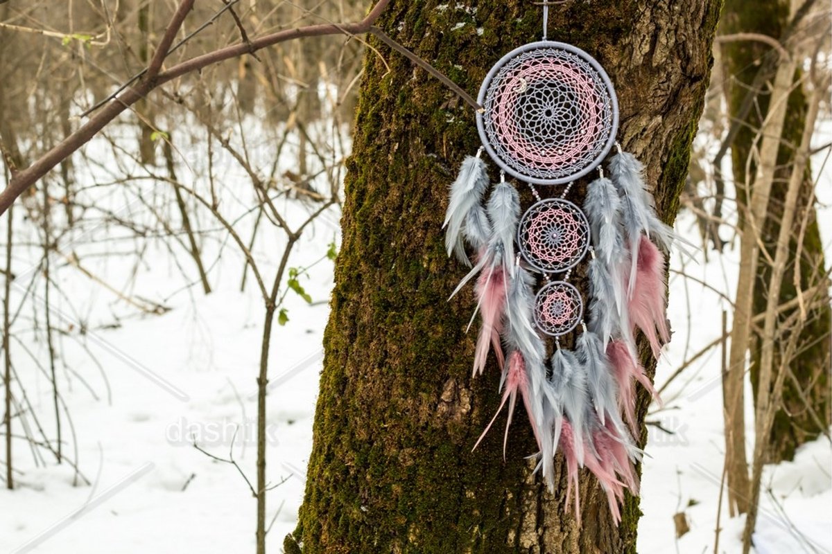 Dream catcher with feathers threads and beads rope hanging example image 1