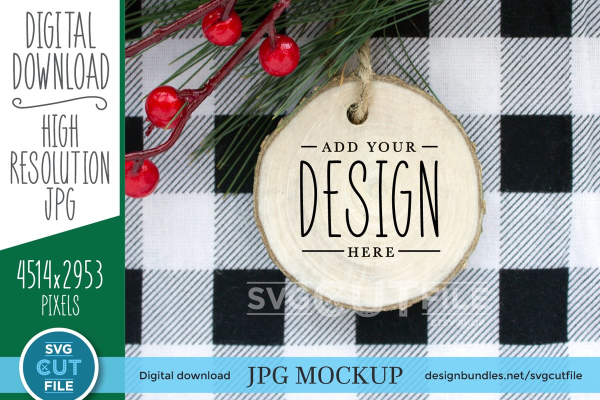 Round Wood Ornament Mockup, Christmas round wood slice mock example image 1