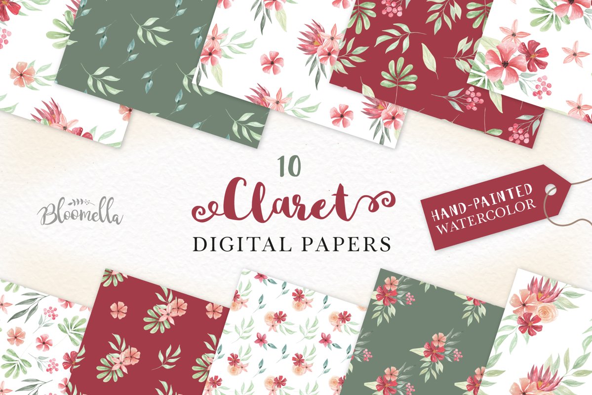 Claret Red Floral Seamless Patterns Green Digital Papers example image 1
