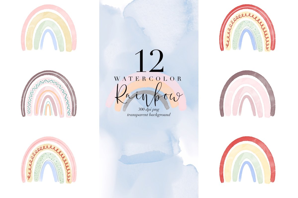 Bundle of 12 watercolor rainbow, rainbows abstract PNG color example image 1